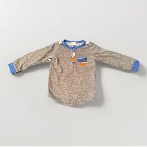 Miki Miette 18M Boys Long Sleeve Henley Shirt Gray Blue Orange Pocket